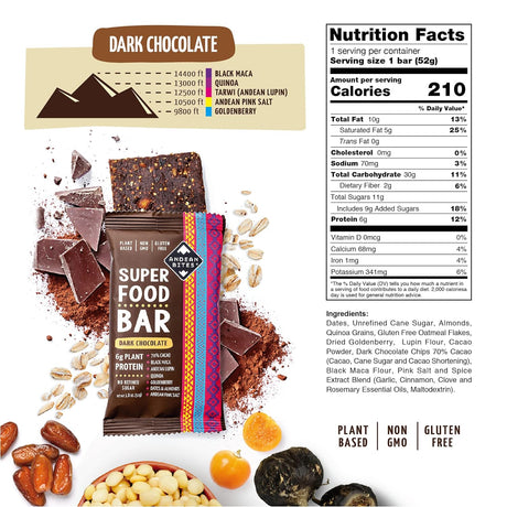 Andean Bites Superfood Bars – Plant Based Energy Bars – Black Maca, Lupin, Quinoa Nutrition Bars – Healthy Energy Snacks – Non-Gmo, Gluten-Free, Vegan Bars, Variety Pack of 12, Cacao Flavor