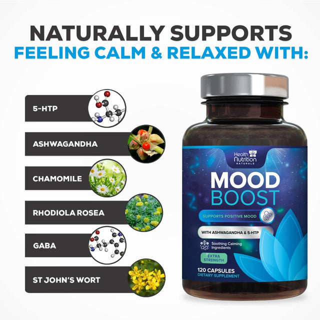 Health Nutrition Naturals Mood Boost Support for Stress 1100Mg - Mood, Calm, and Focus Supplement Formula with 5-Htp, Ashwagandha, GABA Non-Gmo, Vegan, & Bottled in USA Men Women 120 Capsules