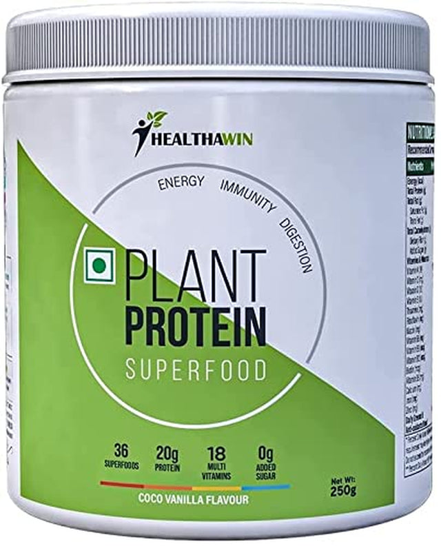 Healthawin Plant Protein with 36 Superfoods & 20 Grams of Protein with Essential Vitamins and Minerals for Boosting Immunity, Energy and Better Digestion., 250 Grams Coco Vanilla Flavour