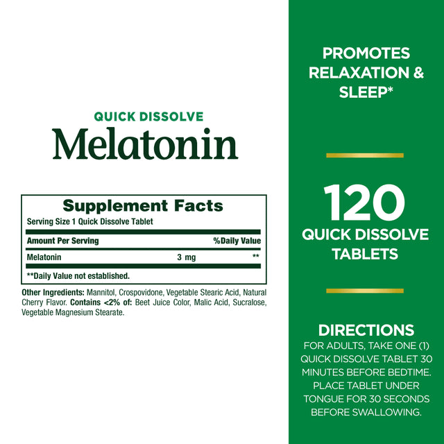 Nature'S Bounty Melatonin Sleep Aid Tablets, 3 Mg, 120 Quick Dissolve Tablets