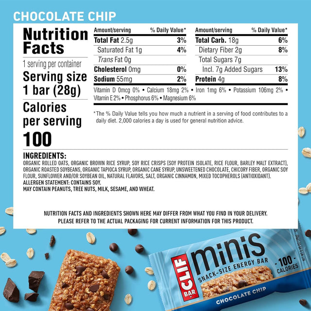 CLIF BAR Minis - Chocolate Chip - Made with Organic Oats - 4G Protein - Non-Gmo - Plant Based - Snack-Size Energy Bars - 0.99 Oz. (20 Pack)