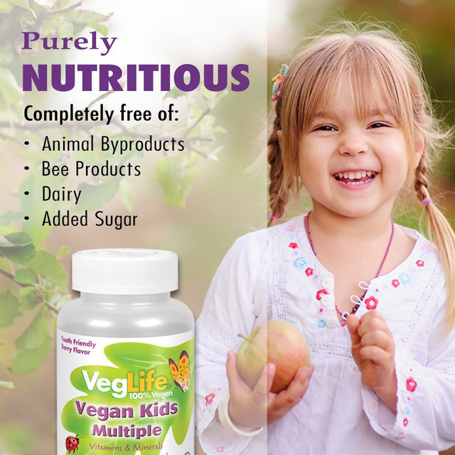 Veglife Vegan Kids Multiple | Natural Berry Flavor Chewable Multivitamin and Mineral | Whole Food Blend W/ Spirulina | No Added Sugar | 60 Chewables