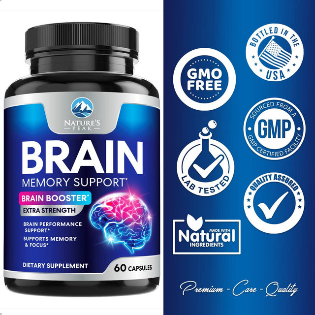 Brain Supplement for Memory and Focus, Nootropic Support for Concentration, Energy, and Brain Health with Bacopa, B Vitamins, Phosphatidylserine, DMAE, Choline, Huperzine and More - 60 Capsules