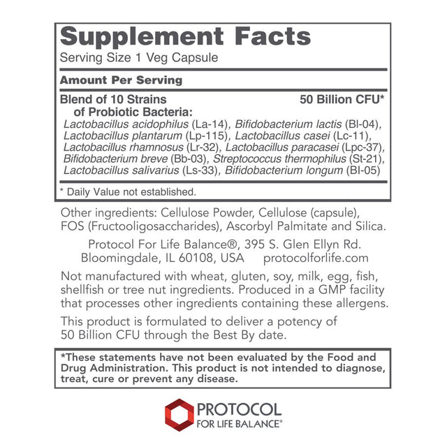 Protocol for Life Balance - Protodophilus - 50 Billion, 10 Strains - Healthy Intestinal Probiotic Flora to Support Digestive Function and Immune Health - 50 Veg Capsules