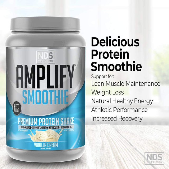 NDS Nutrition Amplify Smoothie Premium Whey Protein Powder Shake with Added Greens and Amino Acids - Build Lean Muscle, Gain Strength, Lasting Energy, and Lose Fat - Vanilla (30 Servings)