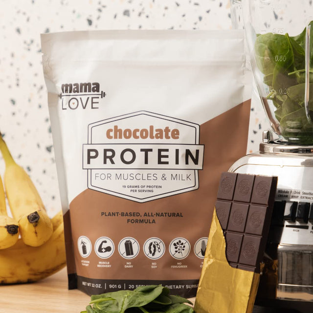 Mama Love Chocolate Protein for Muscles & Milk | Unsweetened | Supports Muscle Recovery & Breast Milk Supply in Moms | Plant Based | Vegan | Organic Ingredients | Probiotics | 20 Servings