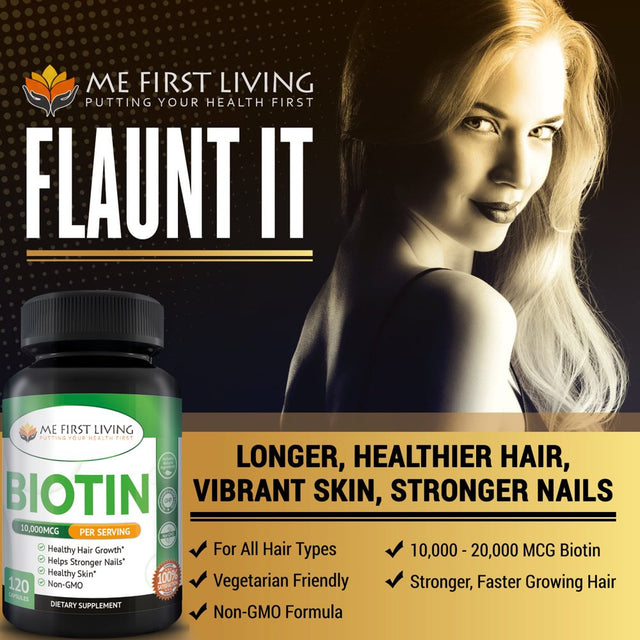 Me First Living Biotin Supplement 5,000 Mcg per Capsule, Vegan, All Natural, Hair Growth, Nail Growth & Strength and Cell Rejuvenation - 120 Capsules