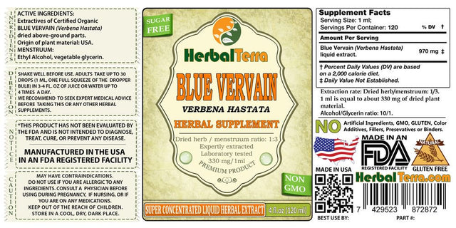 Blue Vervain (Verbena Hastata) Tincture, Organic Dried Above-Ground Parts Liquid Extract (Herbal Terra, USA) 2X2 Oz