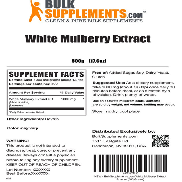 Bulksupplements.Com White Mulberry Extract Powder, 1000Mg - Antioxidant Supplement for Heart & Immune Health (500G - 500 Serv)