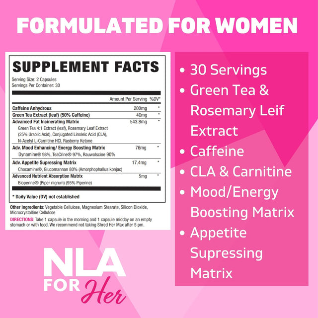 Shred Her Max (30 Servings) -Thermogenic for Women -Healthy Weight Management & Fat Loss W Caffeine, Reduce Stomach Belly Fat, Bloating, Metabolism Boost, Appetite Suppressant, Natural Diet Supplement