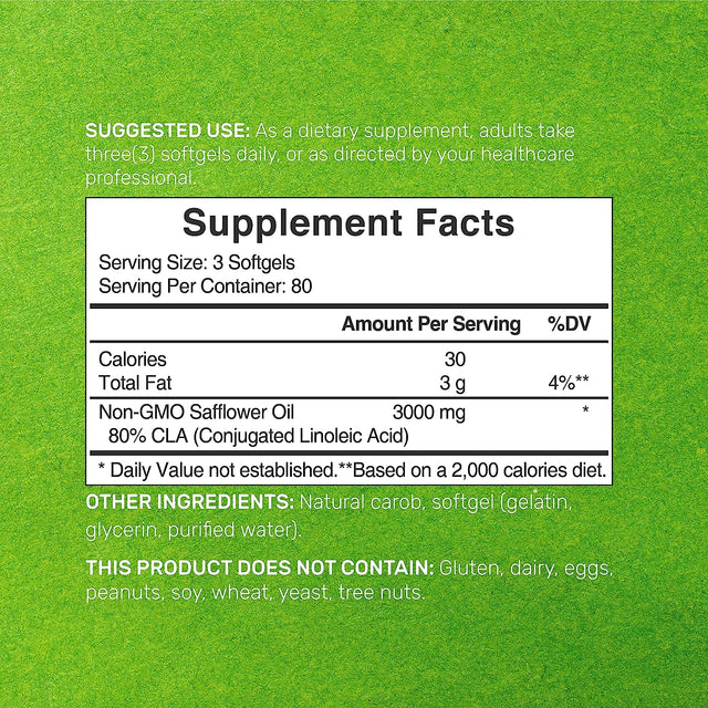 Ultra Strength CLA 3000Mg | 240 Softgels, Active Conjugated Linoleic Acid from Non-Gmo Safflower Oil, Non-Stimulating, Supports Weight Management | Lean Muscle Mass