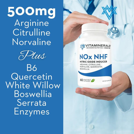 122 Nox NHF L-Arginine, L-Citrulline, L Norvaline plus B6, Quercetin, White Willow, Boswellia & Enzymes | 60 Veggie Caps | 30 Servings