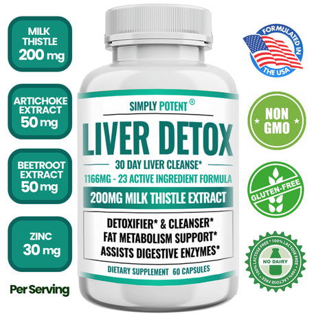 Liver Support Detox & Cleanse Supplement, 22 Ingredient Natural Liver Support with Milk Thistle, Dandelion, Turmeric, Ginger, Choline, Artichoke, Beet, Alfalfa, Zinc, Grape Seed & 13 More, 60 Capsules