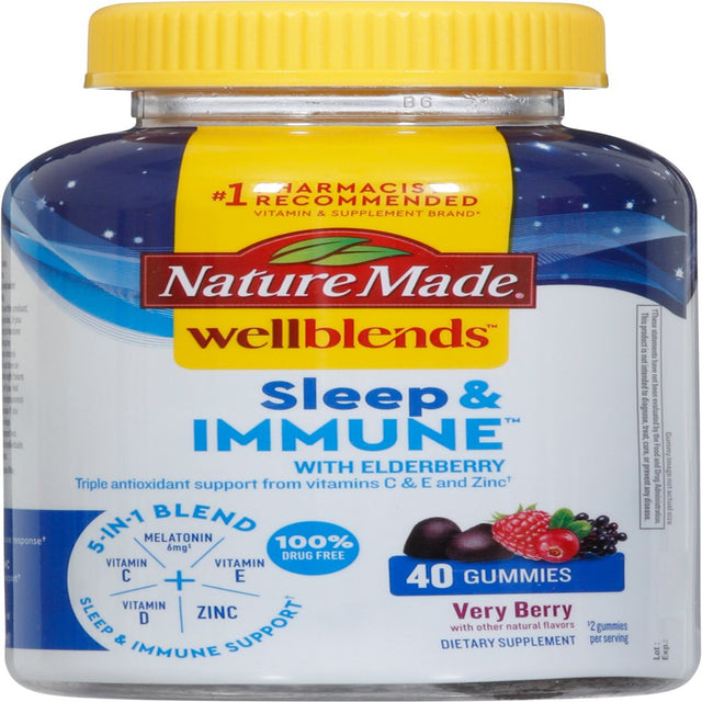 Nature Made Wellblends Sleep and Immune with Elderberry, Sleep Aid and Immune Support Supplement, with Vitamin D3, Vitamin C, Vitamin E, Zinc, and Melatonin, 40 Gummies