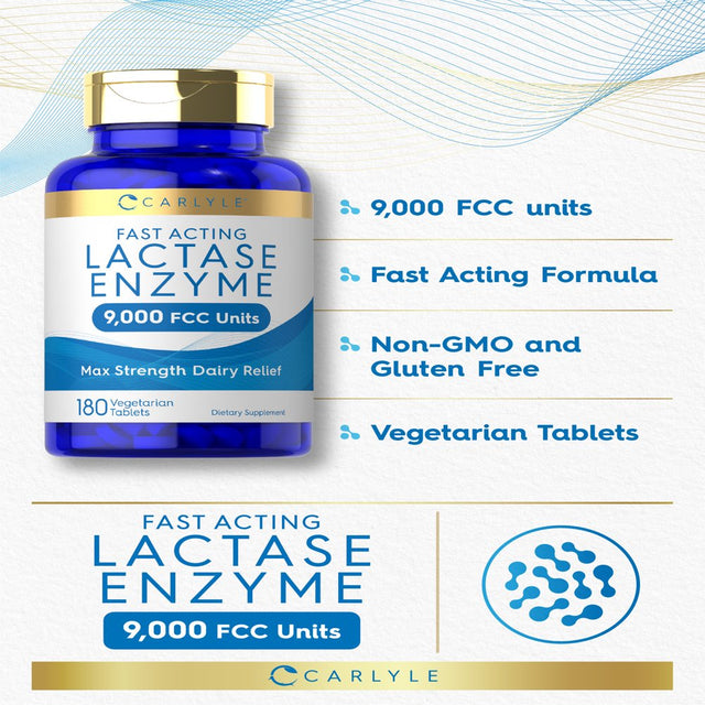 Fast Acting Lactase Enzyme Pills | 9000 FCC | 180 Tablets | Dairy Relief Supplement | by Carlyle