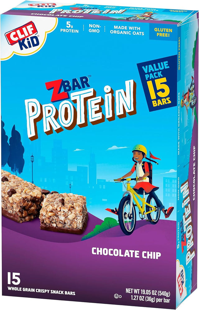 CLIF Kid Zbar Protein - Chocolate Chip - Crispy Whole Grain Snack Bars - Made with Organic Oats - Non-Gmo - 5G Protein - 1.27 Oz. (15 Pack)