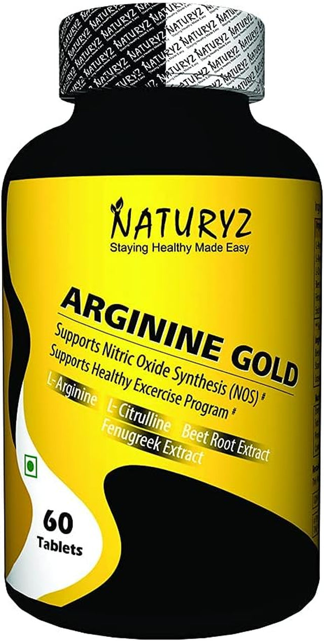 Naturyz Arginine Gold Pre-Workout Tablets with 1500Mg L- Arginine, 400Mg Citrulline, Beetroot Powder & Fenugreek Extract per Serving - 60 Tablets