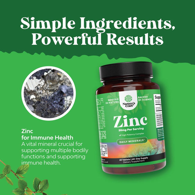 Zinc Supplement 50Mg per Serving - Zinc Immune System Booster and Natural Zinc Supplement for Mood Boost Heart Health Brain Support with Hair Skin and Nails Vitamins - Zinc Immune Support Supplement