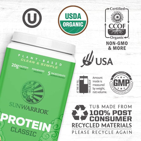 Sunwarrior Chocolate Protein Classic plus with BCAA | Organic Vegan Protein Powder, Chocolate, 750G