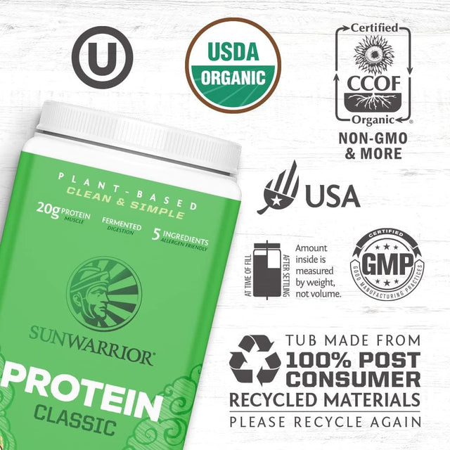 Sunwarrior Chocolate Protein Classic plus with BCAA | Organic Vegan Protein Powder, Chocolate, 750G