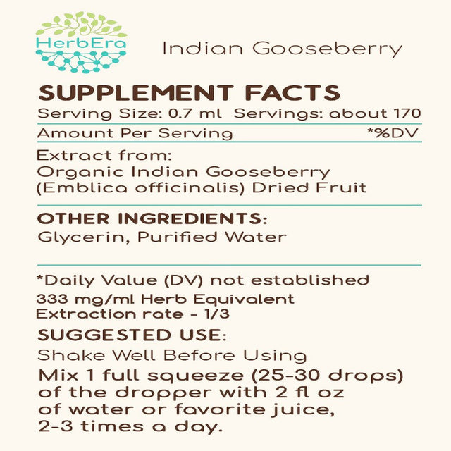 Indian Gooseberry Alcohol-Free Herbal Extract Tincture, Super-Concentrated Organic Indian Gooseberry (Emblica Officinalis) Dried Fruit 4 Oz