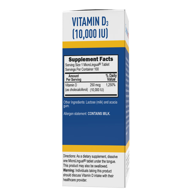 Superior Source Vitamin D3 10000 IU Quick Dissolve Mivcrolimqia; Tablets - 100 Count. Promotes Strong Bones, and Teeth. Immune Support Non-Gmo. Dietary Supplement