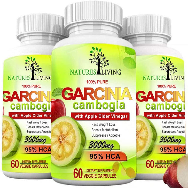 Garcinia Cambogia 95% HCA & Apple Cider Vinegar 3000Mg (Pack of 3) Herbal Weight Loss Supplement by Natures Living