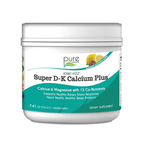 Ionic Fizz Super D-K Calcium plus - Supplement with Magnesium, Zinc, Potassium, 12 Other Nutrients -Natural Sleep Aid, anti Stress Powder, Strong Bones by Pure Essence - Raspberry Lemonade - 7.41 Oz