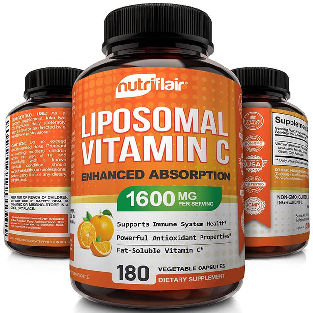 Nutriflair Liposomal Vitamin C 1600Mg, 180 Capsules - High Absorption, Fat Soluble VIT C, Antioxidant Supplement, Higher Bioavailability Immune System Support & Collagen Booster, Non-Gmo, Vegan Pills