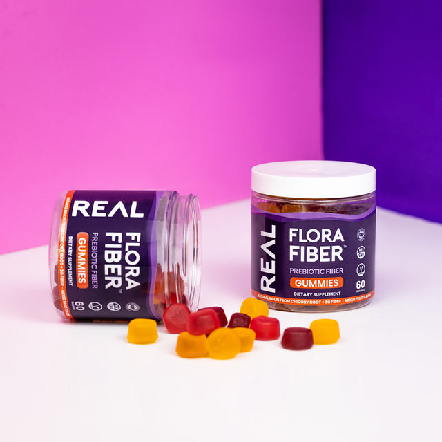 Real Flora Fiber | Prebiotic Fiber Gummies with Chicory Root Inulin Fiber for Digestive Health, Better Poops, Constipation & Bulkier Stools | 60 Gummies | Mixed Berry Flavor