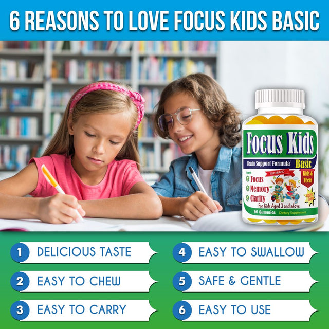 Focus Kids Kids Brain Booster Supplements Brain Focus Gummies Omega 3 for Kids Attention & Focus, Brain Booster, Memory & Concentration- 60Ct