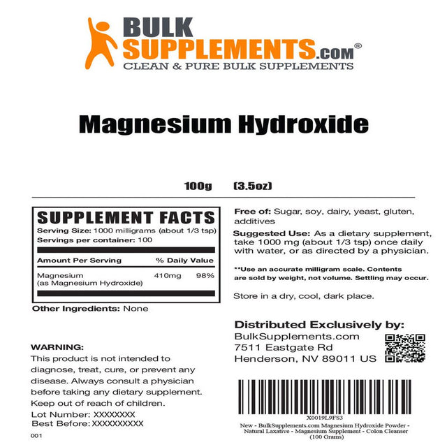 Bulksupplements.Com Magnesium Hydroxide Powder, 1000Mg - Natural Laxative - Magnesium Supplement (100G - 100 Servings)