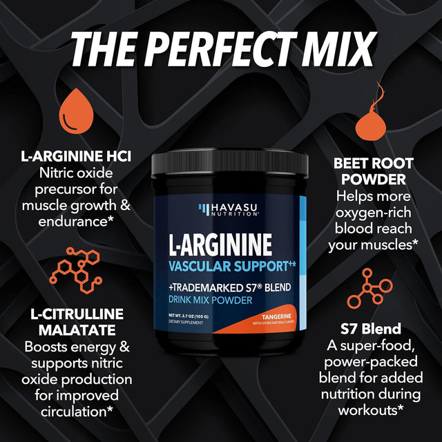 L Arginine Powder | L-Arginine L-Citrulline Organic Beet Root and S7 Plant-Based Ingredients for Pre Workout and Post Workout | Nitric Oxide Supplements for Men & Women | Tangerine L-Arginine Powder