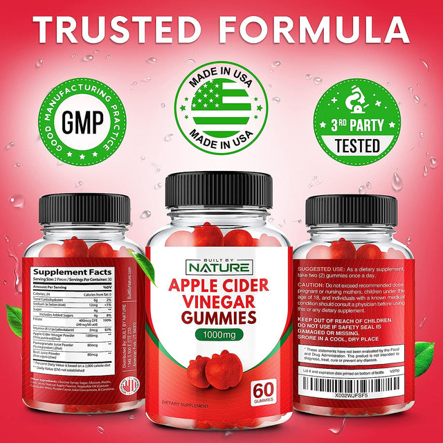 Apple Cider Vinegar Gummies 1000Mg - Vitamin B12, Beetroot, Pomegranate, Natural Digestion, Detox, Weight Management & Immune Health - Raw ACV with the Mother, Vegan, Non-Gmo, Gluten-Free, 60 Gummies