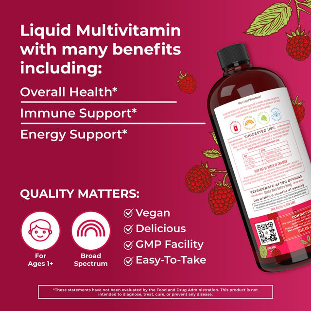 Multivitamin Multimineral for Women & Men by Maryruth'S | No Added Sugar | Vegan Liquid Vitamins for Adults & Kids | Immune Support, Bone Health, Energy Drink | Raspberry Flavor | 32 Fl Oz