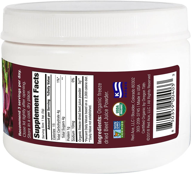 100% Certified Organic Beet Juice Supplement Powder/Nitric Oxide Booster/Helps Stamina, No Sugar Added, Non GMO, 5.3 Oz Jar