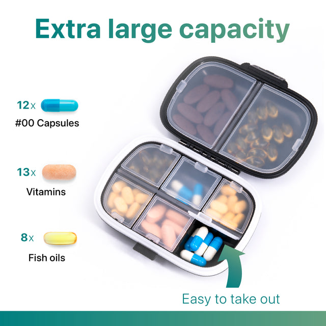 Sukuos Daily Use Pill Organizer 1 Pack, Easy to Open 8 Compartments, Large Capacity Portable Travel Pill Box, Pill Dispenser, Medicine Container & Vitamin Holder