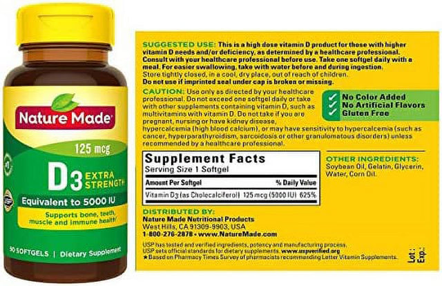 Nature Made Extra Strength Vitamin D3 5000 IU (125 Mcg), Dietary Supplement for Bone, Teeth, Muscle and Immune Health Support, 90 Softgels, 90 Day Supply 90 Count (Pack of 1)