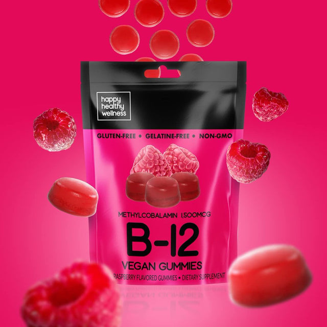 Happy Healthy Wellness B-12 Vegan Gummies for Women - Gelatin & Gluten Free Chewable Gummy for Immune Support & Digestion - Perfect Dietary Supplement - Raspberry