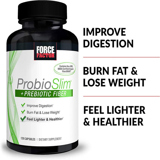 Probioslim + Prebiotic Fiber Weight Loss Supplement for Women and Men, Probiotic and Prebiotic Digestive Health Support with Green Tea Extract and Psyllium Husk Fiber, Force Factor, 120 Capsules