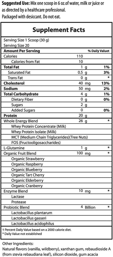 Whey Protein plus 600G 20 Servings 4 Billion CFU Probiotics Prebiotics 10Mg Enzymes L-Glutamine 20G Protein Antioxidants Phytonutrients Keto Mcts No Sugar