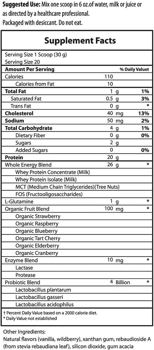 Whey Protein plus 600G 20 Servings 4 Billion CFU Probiotics Prebiotics 10Mg Enzymes L-Glutamine 20G Protein Antioxidants Phytonutrients Keto Mcts No Sugar