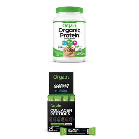 Orgain Organic Plant Based Protein Powder, Iced Coffee - 60Mg of Caffeine, 2.03 Lb + Hydrolyzed Collagen Peptides Protein Powder Sticks - Type 1 and III, 5G Sticks - Unflavored (25 Count), 0.18 Oz