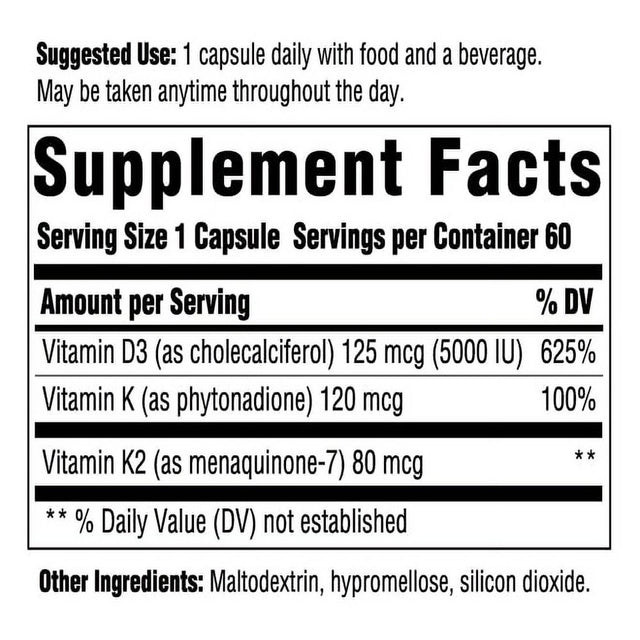 INNATE Response Formulas Vitamin D3 5000 IU (125 Mcg) - Supplement That Supports Immune and Bone Health - Blend of Vitamins D3, K1, and K2 - Vegetarian - 60 Capsules (60 Servings)