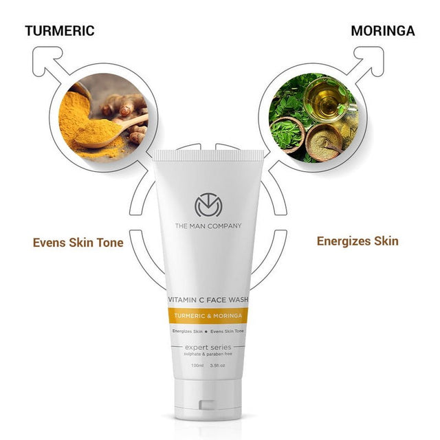 The Man Company Skin Brightening Vitamin C Face Wash with Turmeric and Niacinamide for Clean, Brighten, Soft & Supple Skin I Oil Free Look I Unclog Pores & Instant Glow | Paraben & SLS Free - 100Ml