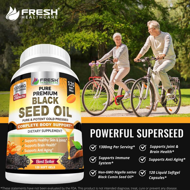 Black Seed Oil Pills Cold Pressed 1300Mg per Serving, 100% Pure & Premium Non-Gmo Nigella Sativa Black Cumin Seed Oil, Supports Immune System, Joint & Skin Health - 120 Liquid Softgel Capsules