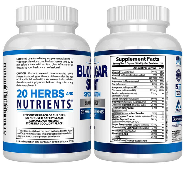 Blood Sugar Support Supplement - 20 Herbs & Multivitamin for Blood Sugar Control with Alpha Lipoic Acid & Cinnamon - 120 Pills - Arazo Nutrition