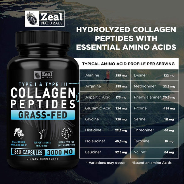 Collagen Peptides Collagen Pills (360 Capsules) Grass Fed Collagen Pepetide Powder - Hydrolyzed Collagen Powder for Jointtendon Supplementhair Skin and Nails -