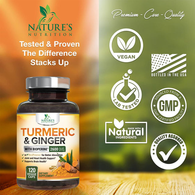 Turmeric Curcumin with Bioperine & Ginger 95% Standardized Curcuminoids 2600Mg - Black Pepper for Max Absorption, Herbal Joint Support, Nature'S Tumeric Extract Supplement Non-Gmo - 120 Capsules