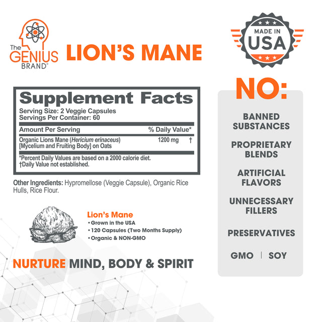 Lions Mane Mushroom Brain Supplement Nootropic for Energy, Focus, Memory & Immune System Booster by the Genius Brand